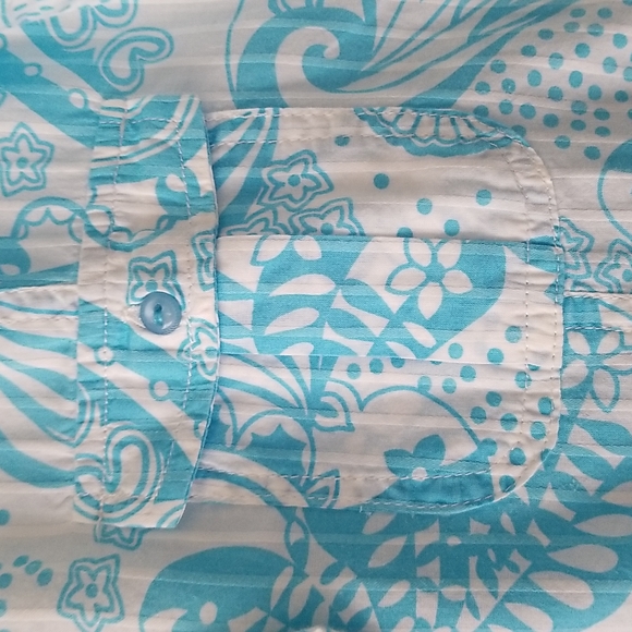 Peck&Peck Turquoise/Wht Paisley 100% Cotton 3/4 or ShortSleeve Button Down Shirt - Picture 5 of 7
